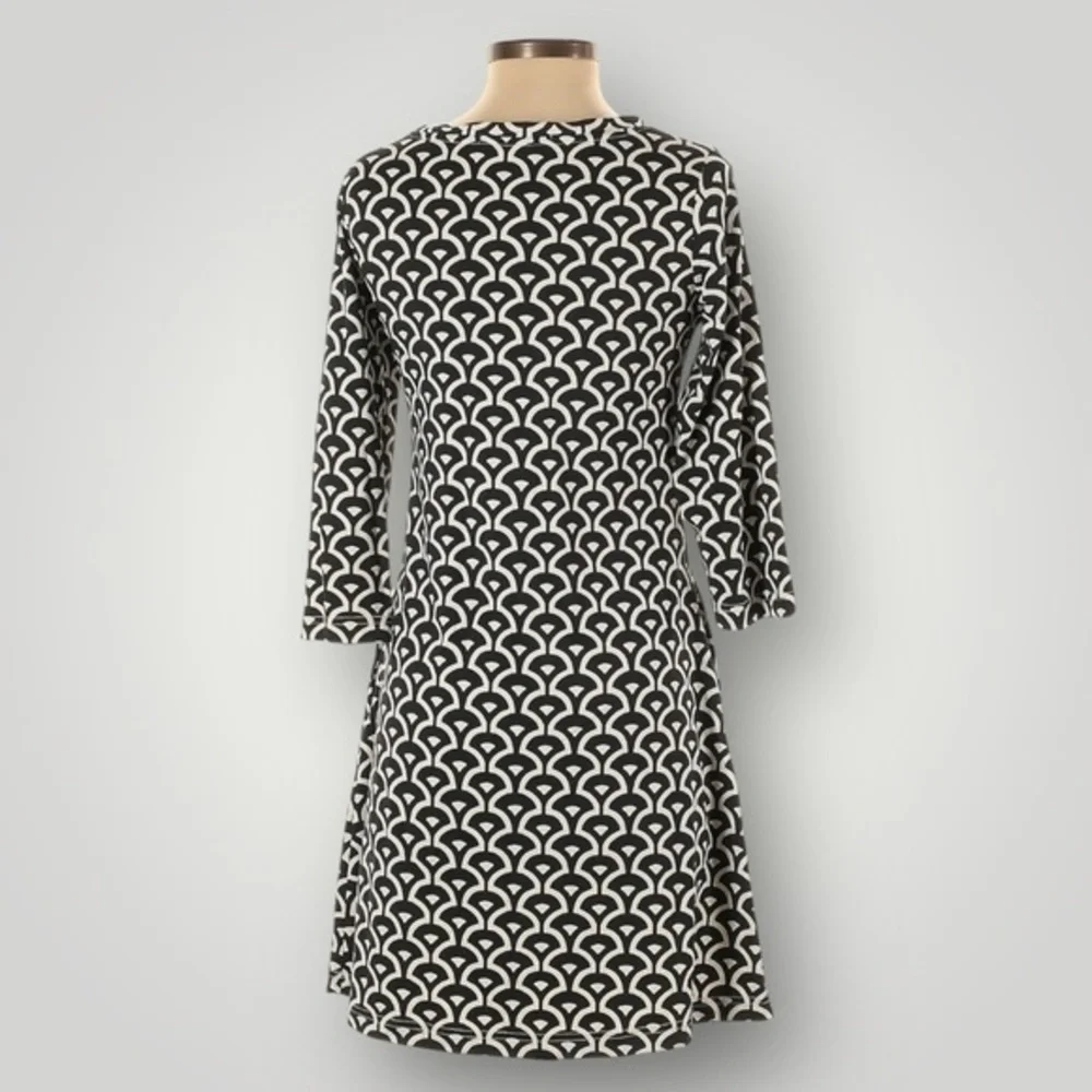 Barbara Gerwit Black White‎ Geometric Print A-Line Dress XS 3/4 Sleeve Stretch